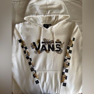 Vans White Hoodie with Floral and Checkered Accents